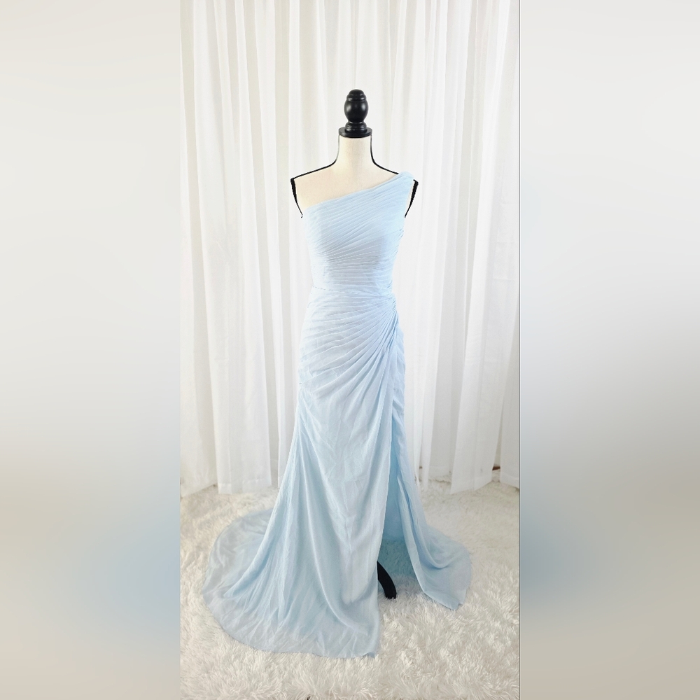Light Blue One-Shoulder Ruched Evening Dress